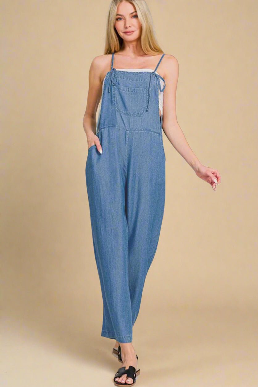 Zenana - Dusty Blue Denim Wide Leg Overalls