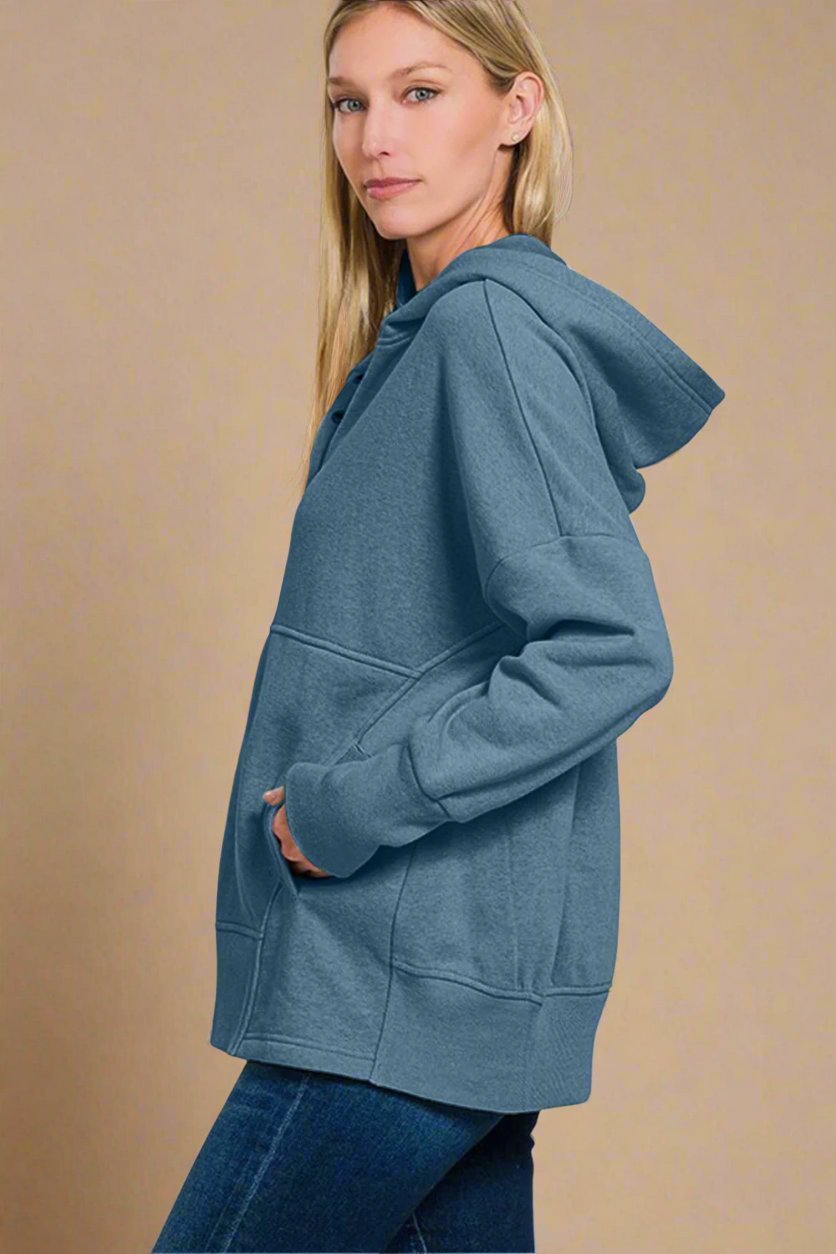 Zenana - Dusty Blue Half Snap Long Sleeve Hoodie