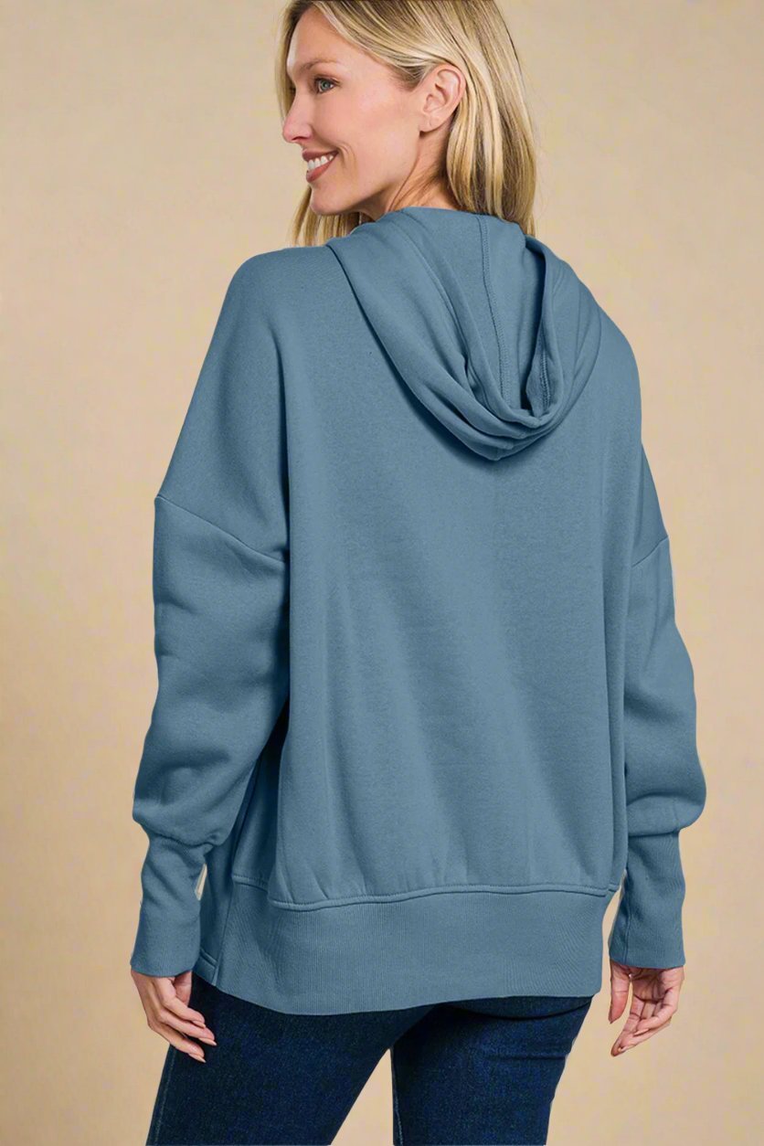 Zenana - Dusty Blue Half Snap Long Sleeve Hoodie