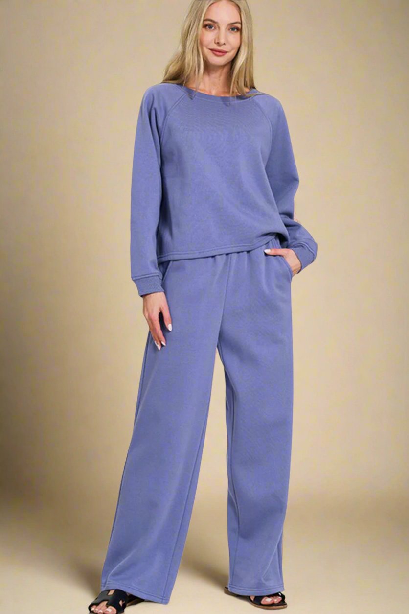 Zenana - Dusty Blue Long Sleeve Top and Elastic Waist Pants Set