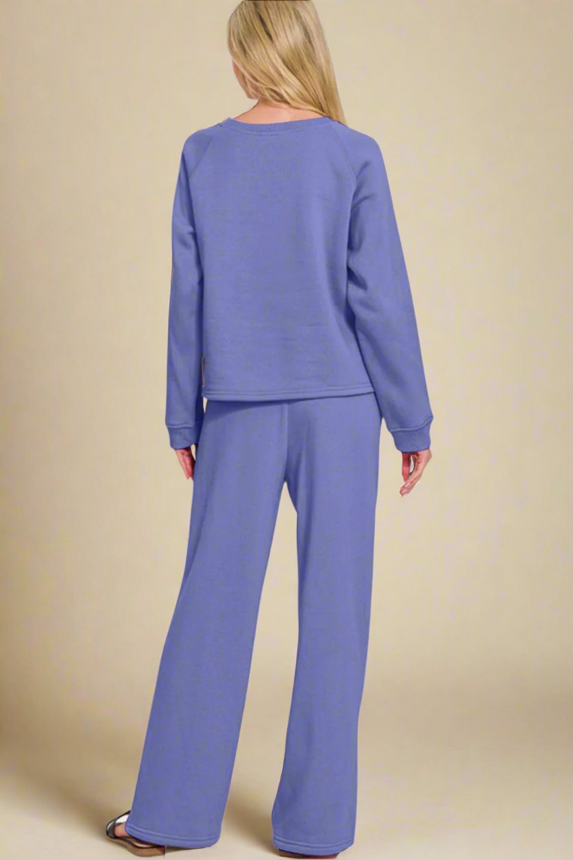 Zenana - Dusty Blue Long Sleeve Top and Elastic Waist Pants Set