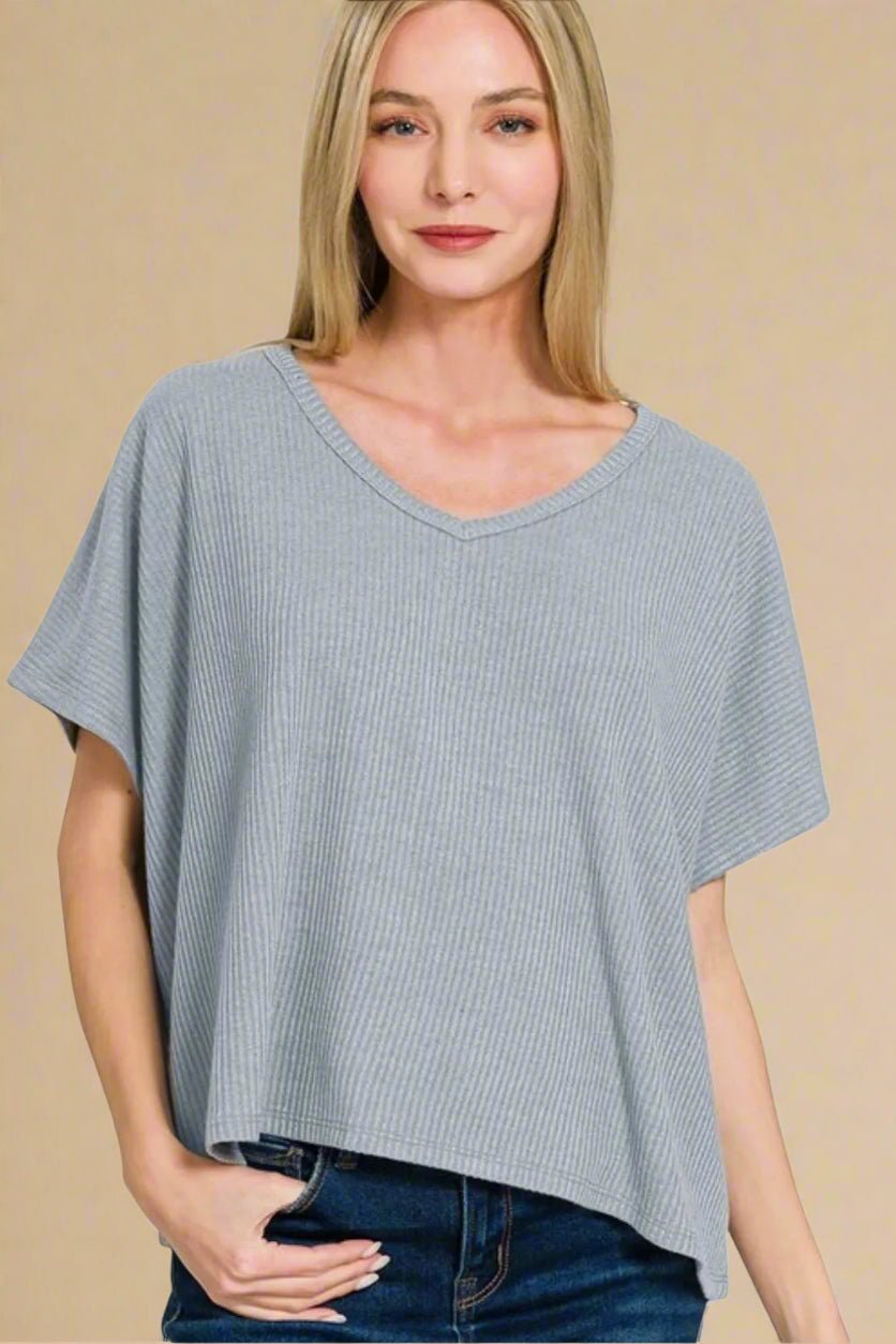 Zenana - Dusty Blue Rib Knit V - Neck Knit Top