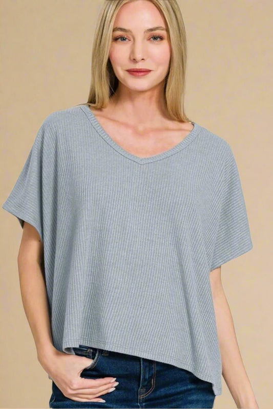 Zenana - Dusty Blue Rib Knit V - Neck Knit Top