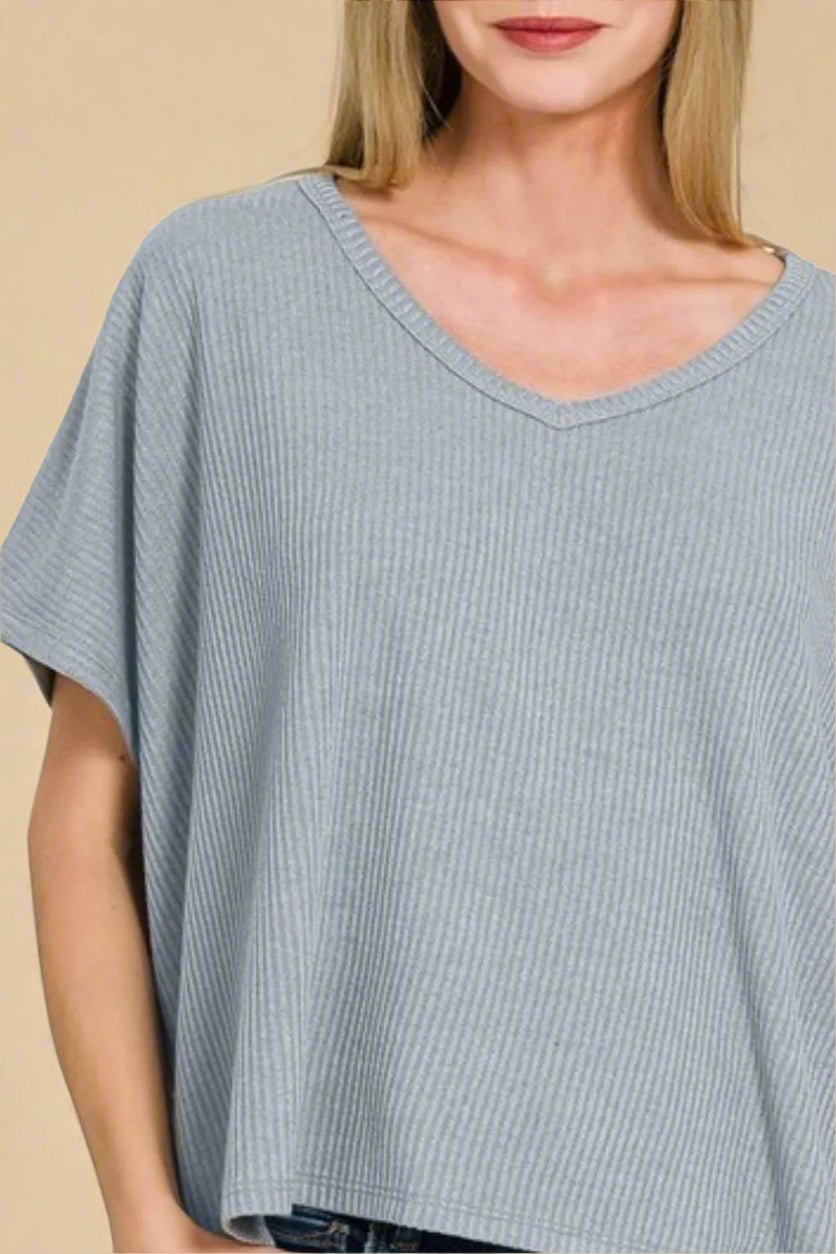 Zenana - Dusty Blue Rib Knit V - Neck Knit Top