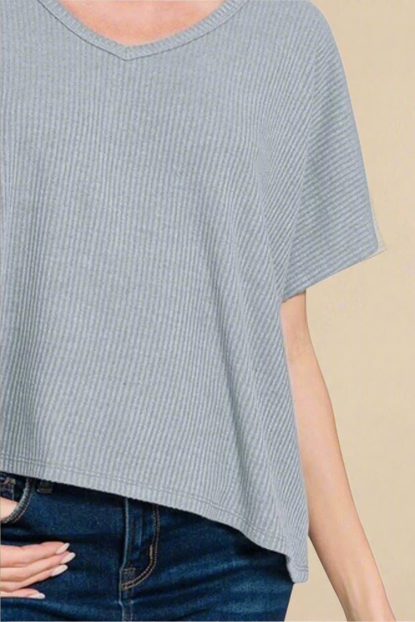 Zenana - Dusty Blue Rib Knit V - Neck Knit Top