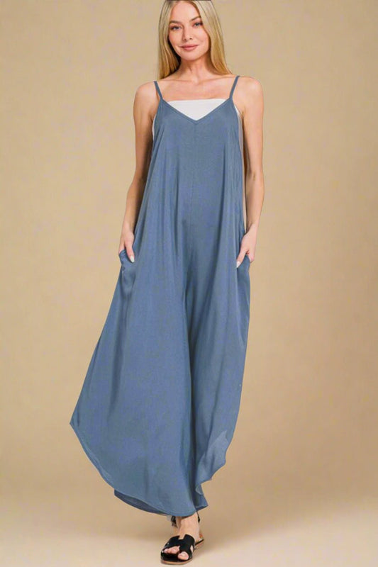 Zenana - Dusty Blue Sleeveless Wide Leg Jumpsuit with Pockets