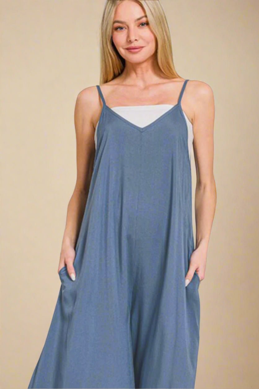 Zenana - Dusty Blue Sleeveless Wide Leg Jumpsuit with Pockets