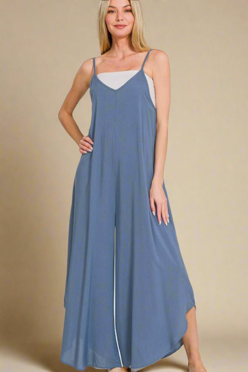 Zenana - Dusty Blue Sleeveless Wide Leg Jumpsuit with Pockets