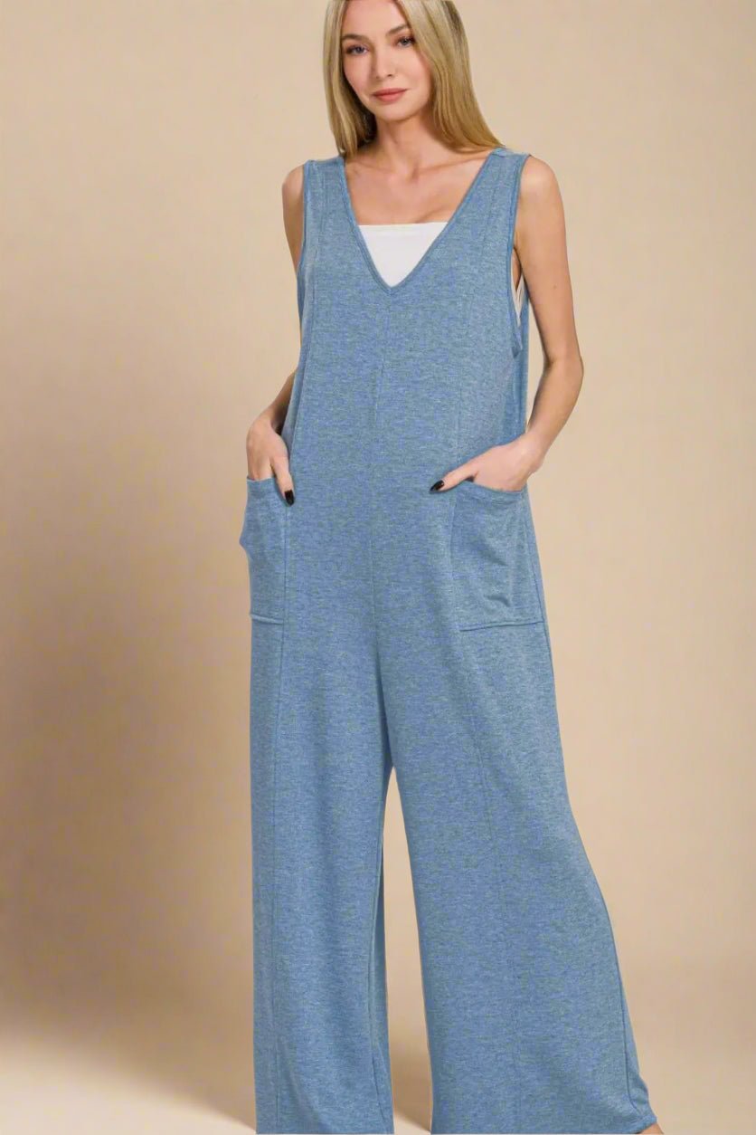 Zenana - Dusty Denim Blue Sleeveless Wide Leg Jumpsuit with Pockets