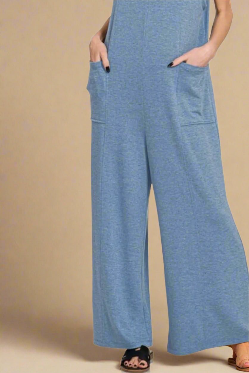 Zenana - Dusty Denim Blue Sleeveless Wide Leg Jumpsuit with Pockets