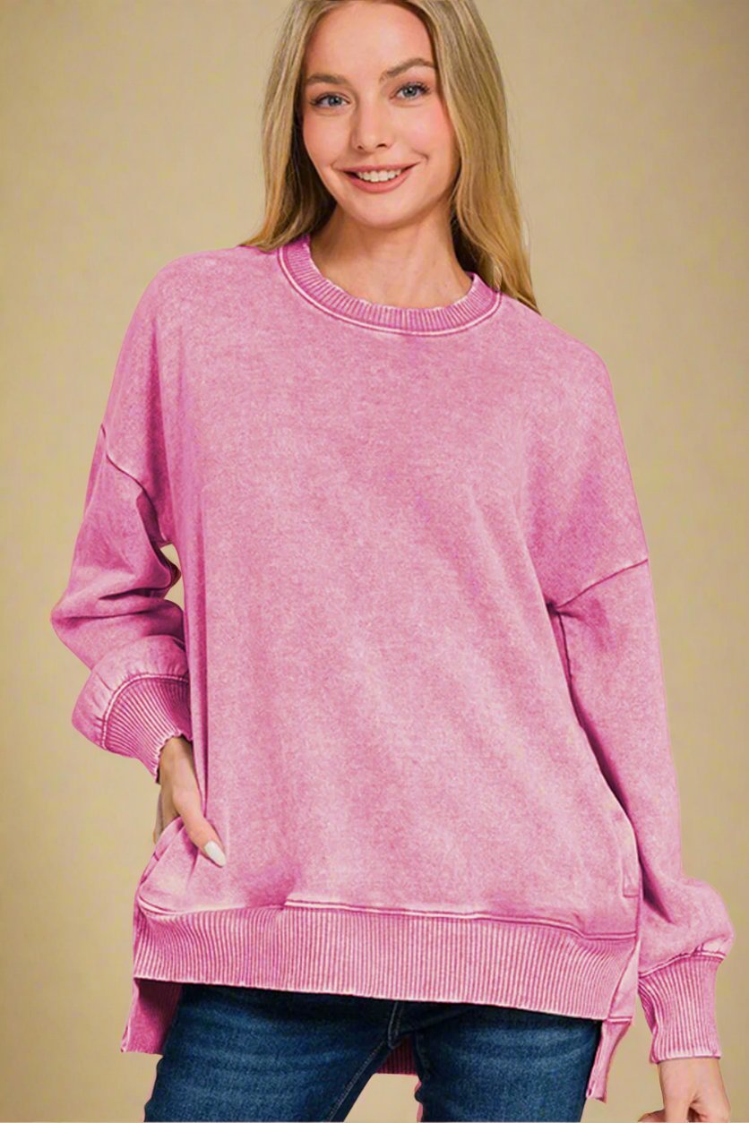 Zenana - Dusty Pink Acid Wash Fleece Tunic Sweatshirt