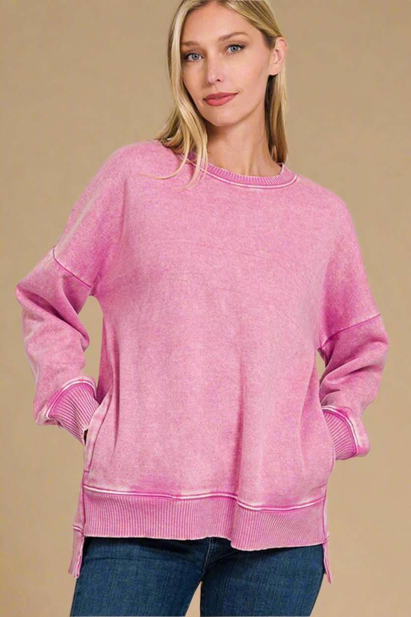 Zenana - Dusty Pink Acid Wash Fleece Tunic Sweatshirt