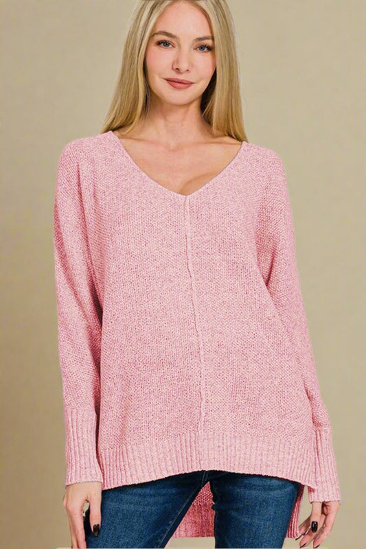 Zenana - Dusty Pink High - Low Hem V - Neck Sweater