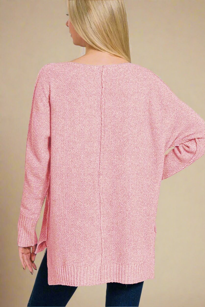 Zenana - Dusty Pink High - Low Hem V - Neck Sweater