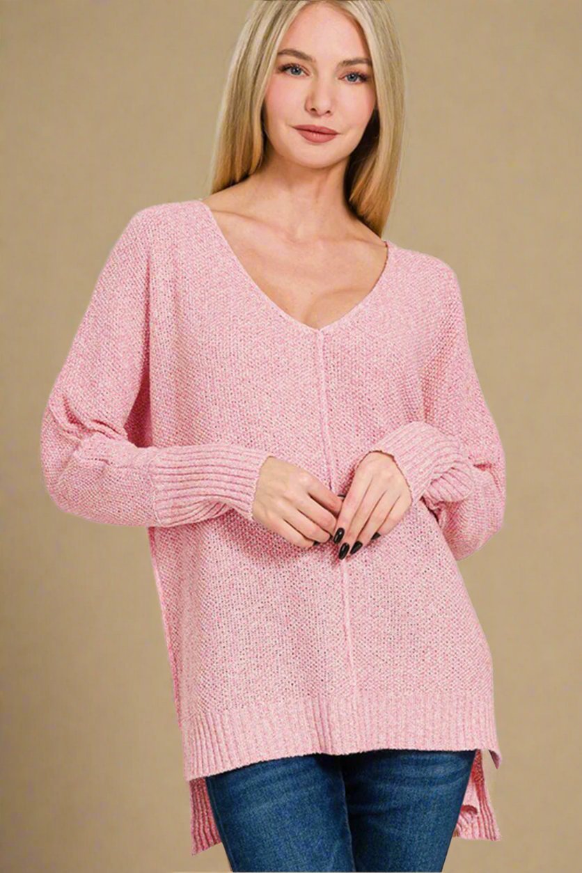 Zenana - Dusty Pink High - Low Hem V - Neck Sweater