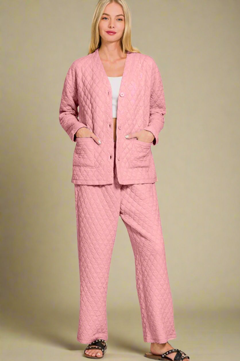 Zenana - Dusty Pink Quilted Long Sleeve Top & Pants Lounge Set