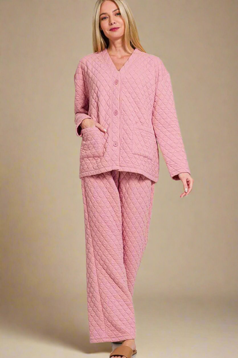 Zenana - Dusty Pink Quilted Long Sleeve Top & Pants Lounge Set