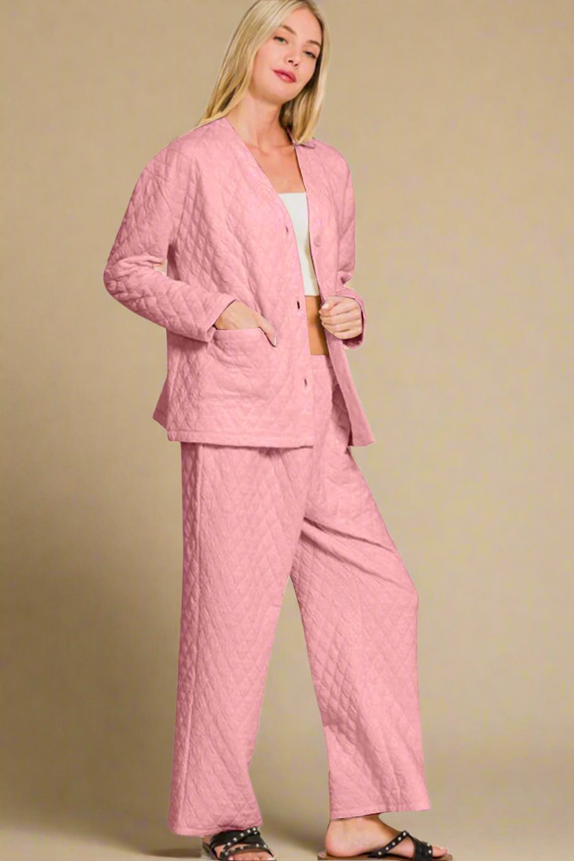 Zenana - Dusty Pink Quilted Long Sleeve Top & Pants Lounge Set