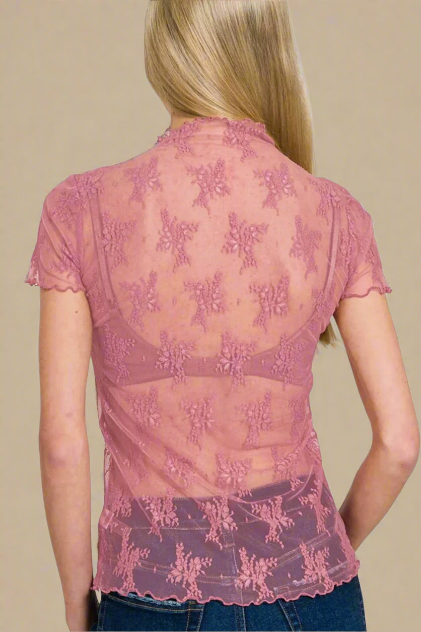 Zenana - Dusty Rose Sheer Lace Mock Neck Top