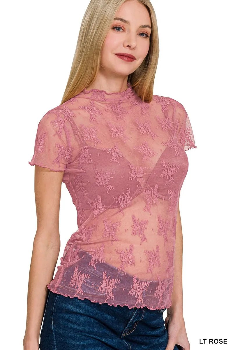 Zenana - Dusty Rose Sheer Lace Mock Neck Top