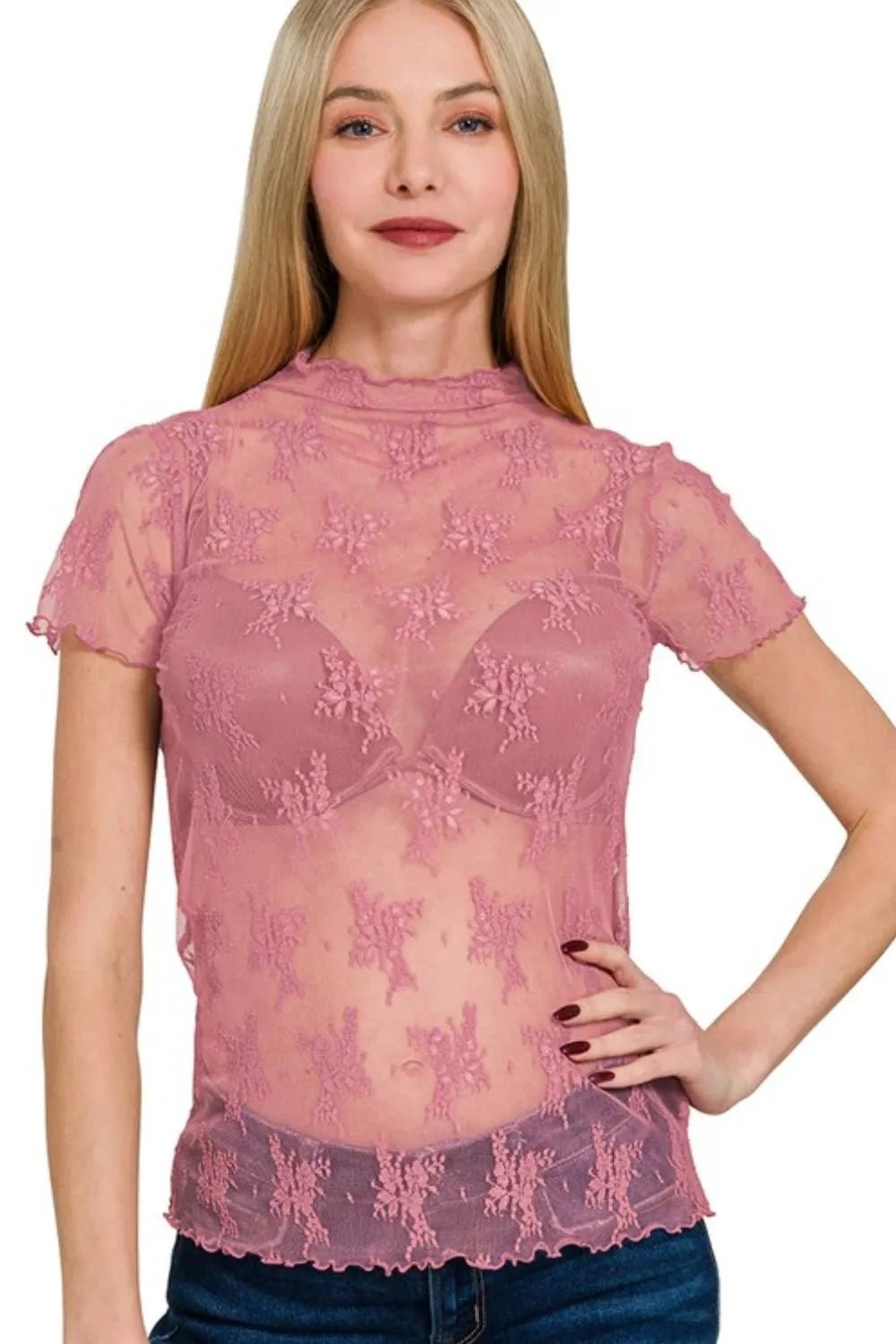 Zenana - Dusty Rose Sheer Lace Mock Neck Top