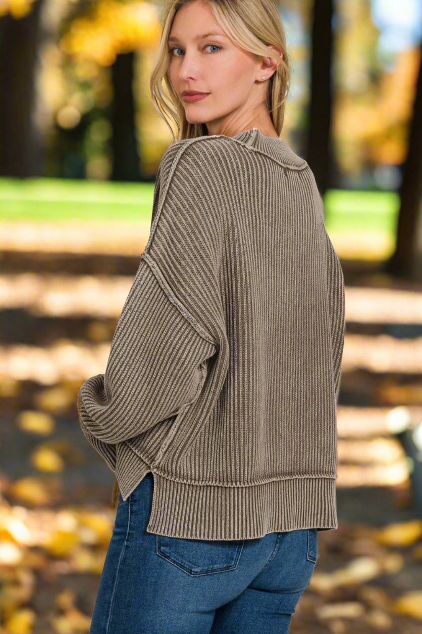 Zenana - Exposed Seams Dropped Shoulder Sweater in Mocha