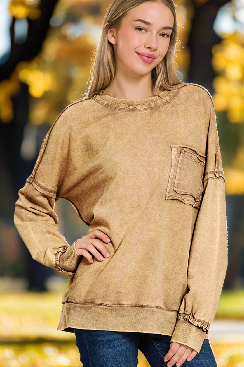 Zenana - Exposed Seams Dropped Shoulder Sweatshirt in Camel