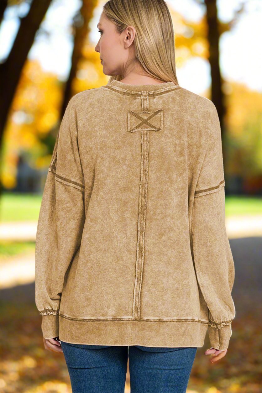 Zenana - Exposed Seams Dropped Shoulder Sweatshirt in Camel