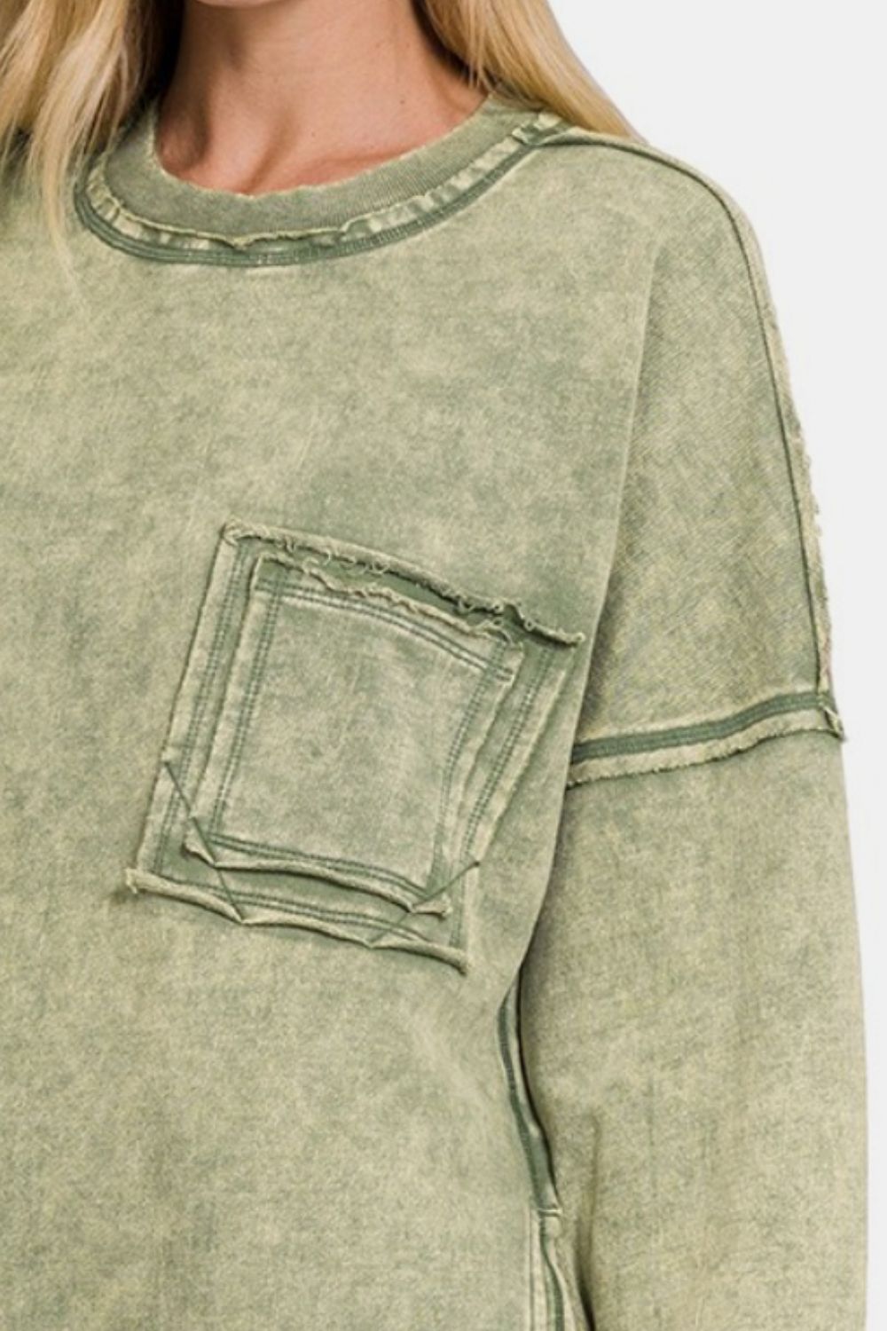 Zenana - Exposed Seams Dropped Shoulder Sweatshirt in Light Olive