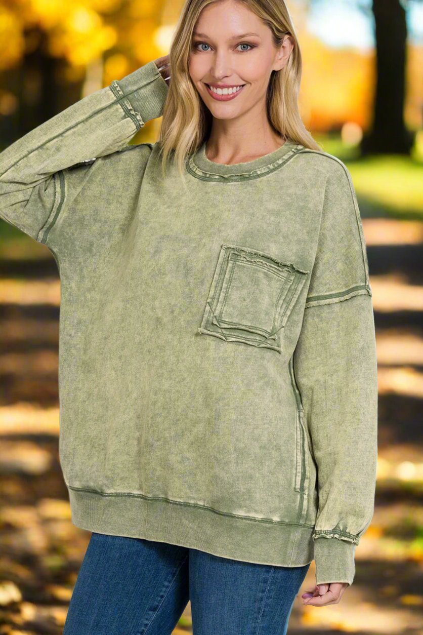 Zenana - Exposed Seams Dropped Shoulder Sweatshirt in Light Olive