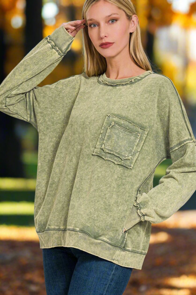 Zenana - Exposed Seams Dropped Shoulder Sweatshirt in Light Olive