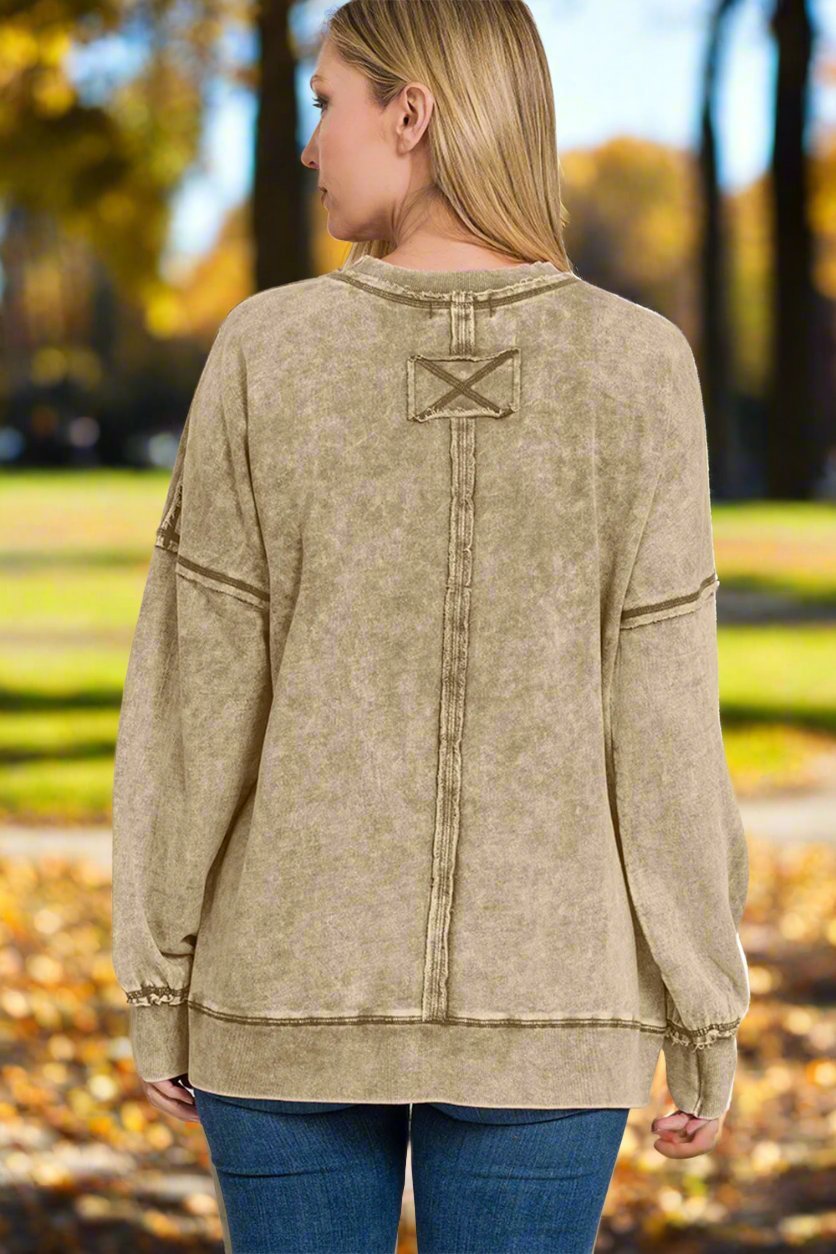 Zenana - Exposed Seams Dropped Shoulder Sweatshirt in Mocha