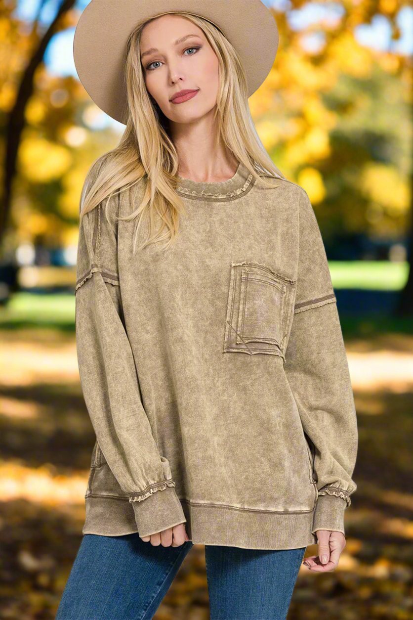 Zenana - Exposed Seams Dropped Shoulder Sweatshirt in Mocha