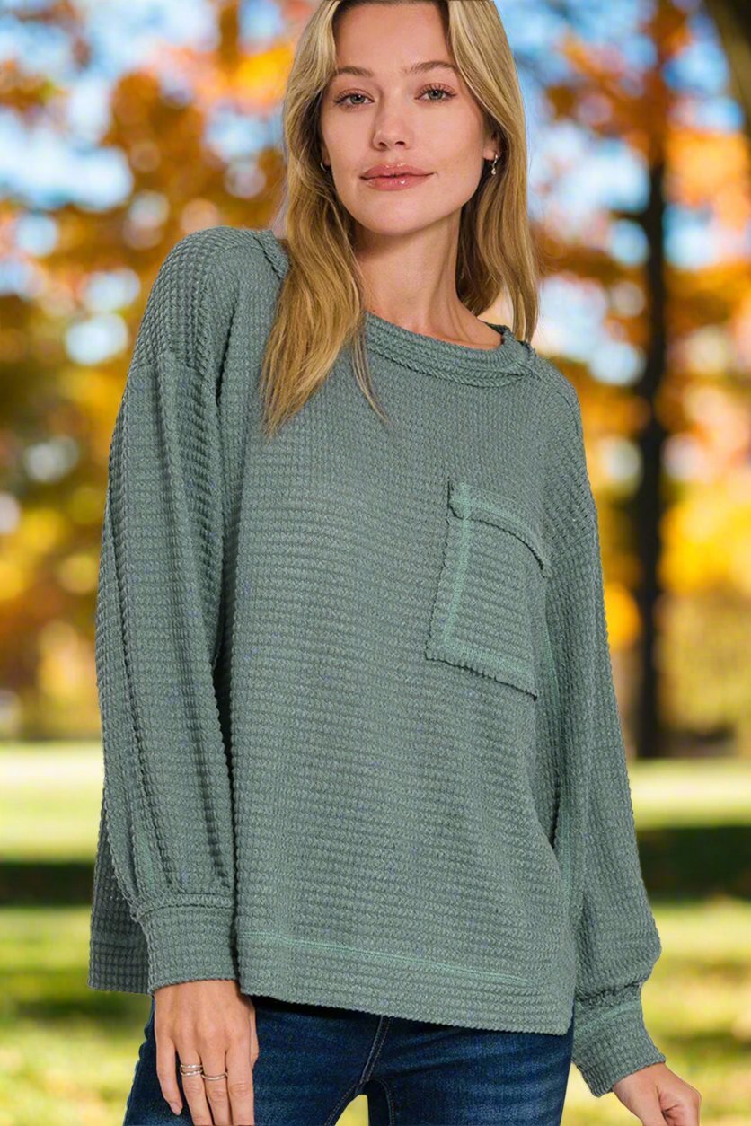 Zenana - Exposed Seams Long Sleeve Tunic Top in Ash Jade