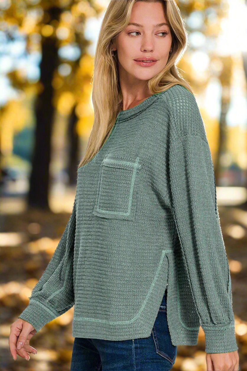 Zenana - Exposed Seams Long Sleeve Tunic Top in Ash Jade