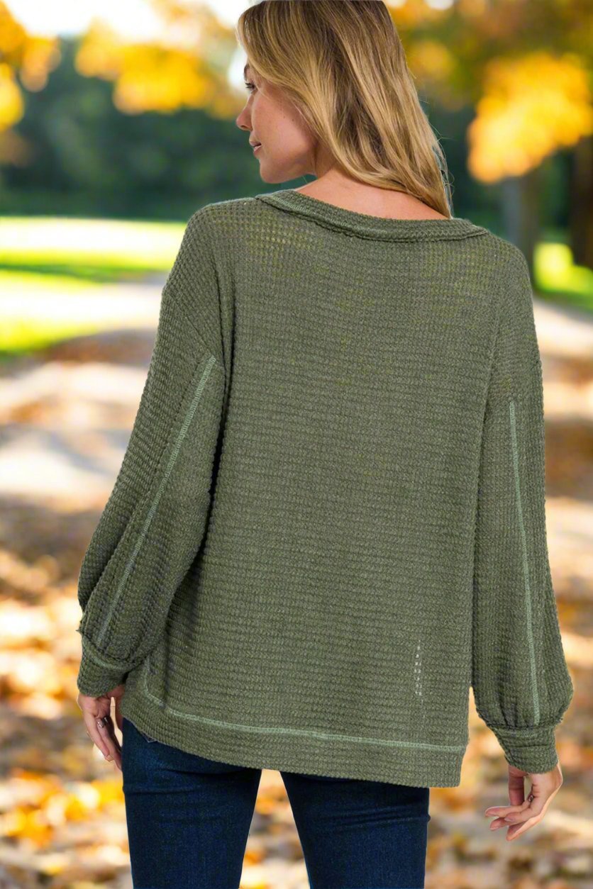 Zenana - Exposed Seams Long Sleeve Tunic Top in Dark Olive