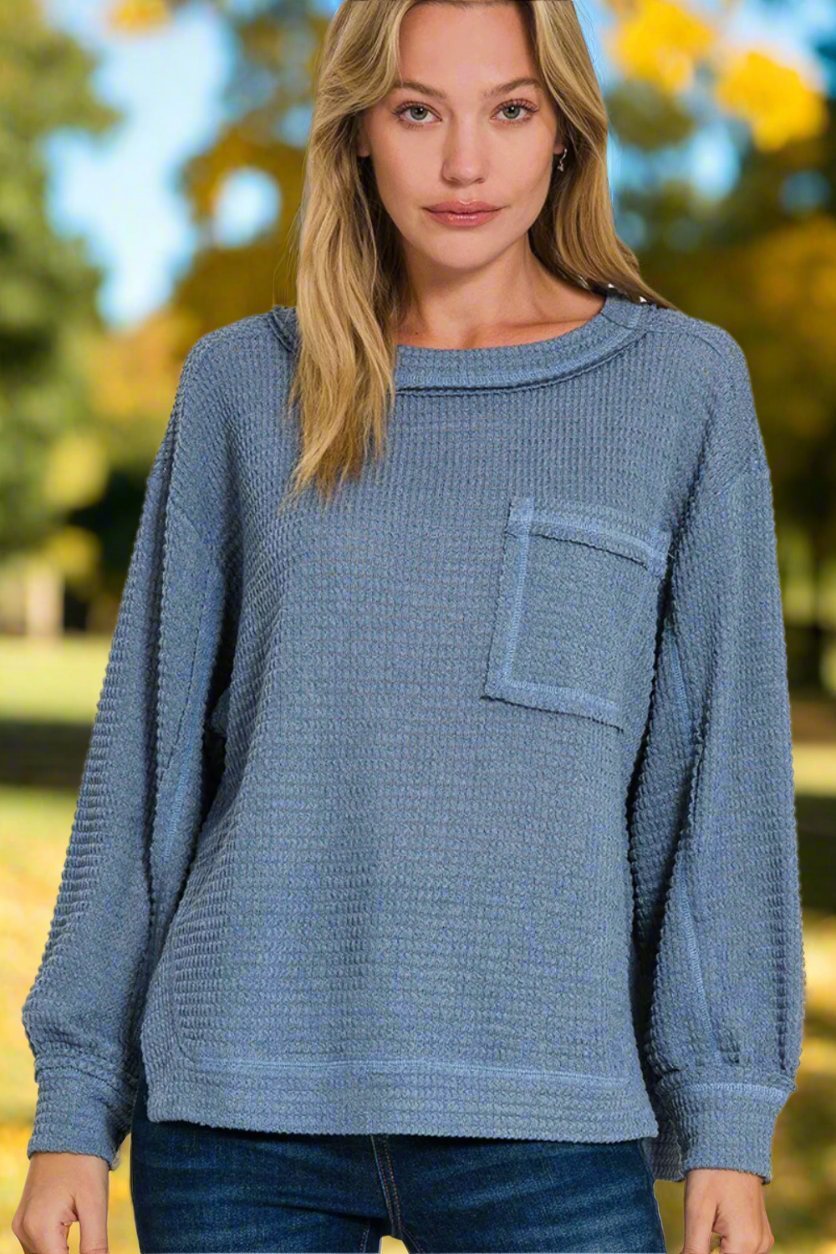 Zenana - Exposed Seams Long Sleeve Tunic Top in Dusty Blue