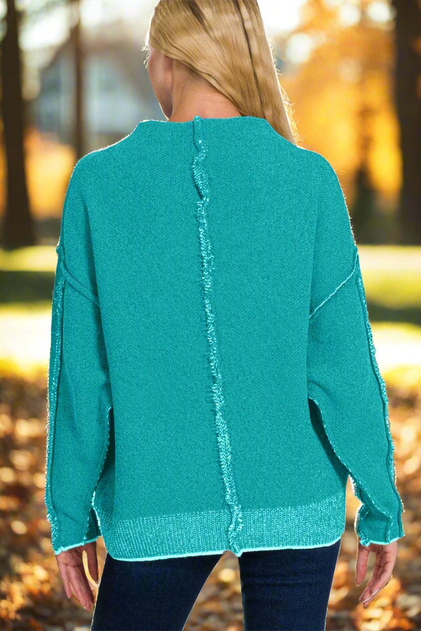 Zenana - Exposed Seams Mock Neck Long Sleeve Sweater in Light Teal