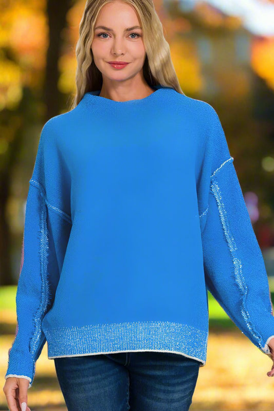 Zenana - Exposed Seams Mock Neck Long Sleeve Sweater in Ocean Blue