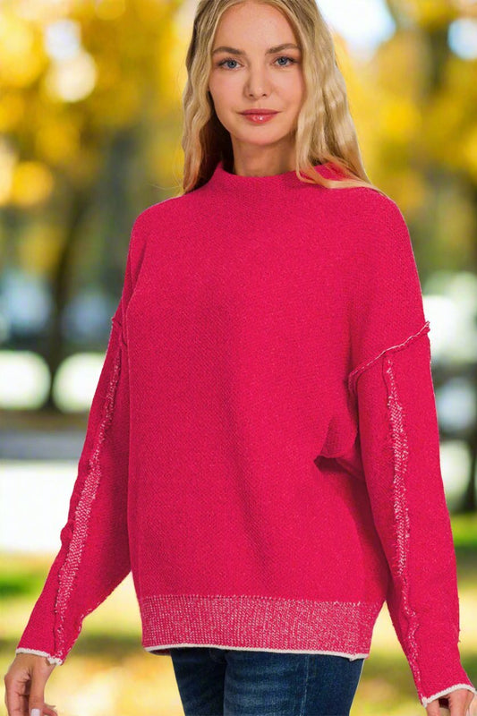 Zenana - Exposed Seams Mock Neck Long Sleeve Sweater in Viva Magenta