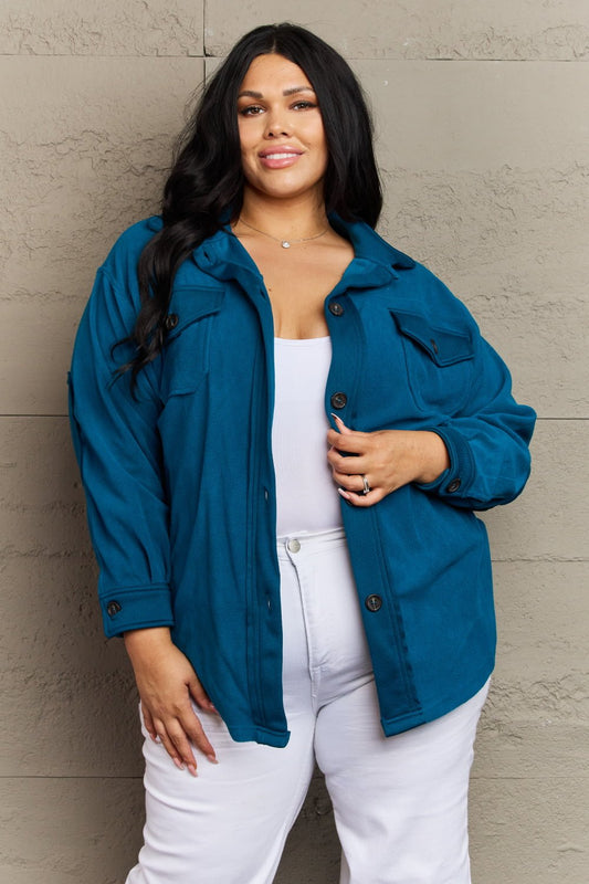 Zenana - Fleece Elbow Patch Shacket in Teal