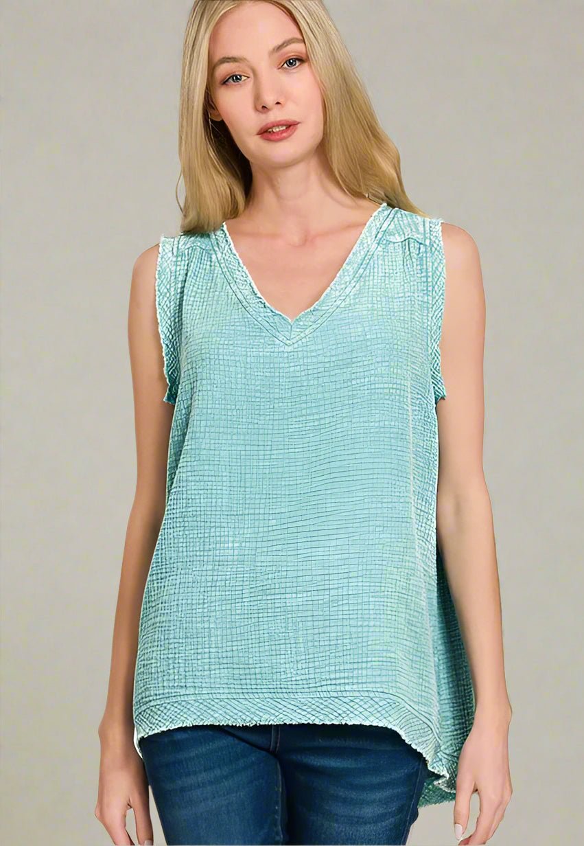 Zenana - Frayed V - Neck Sleeveless Top – Aqua Green