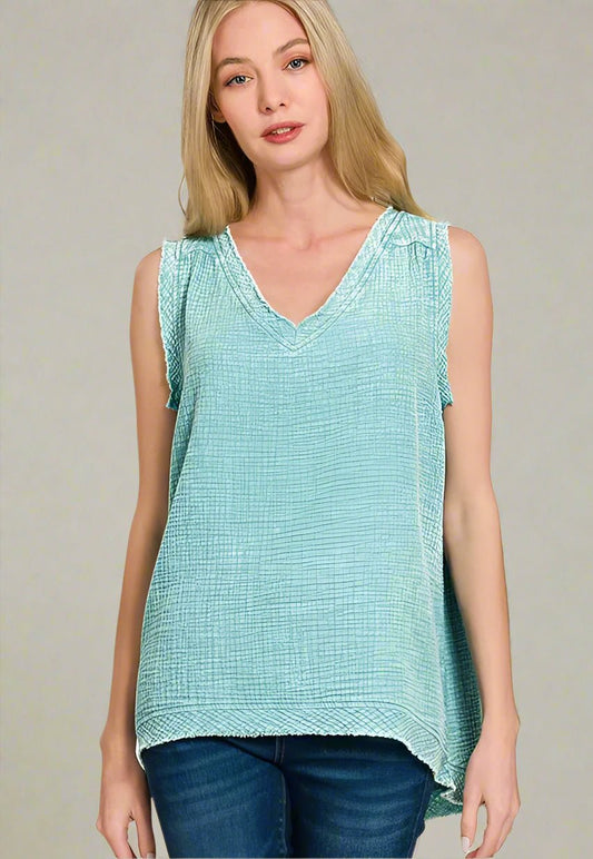 Zenana - Frayed V - Neck Sleeveless Top – Aqua Green