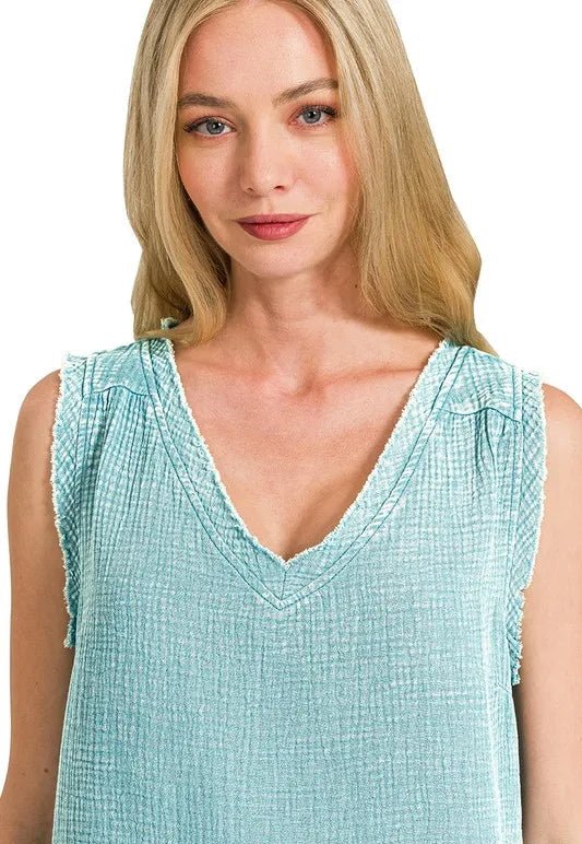 Zenana - Frayed V - Neck Sleeveless Top – Aqua Green