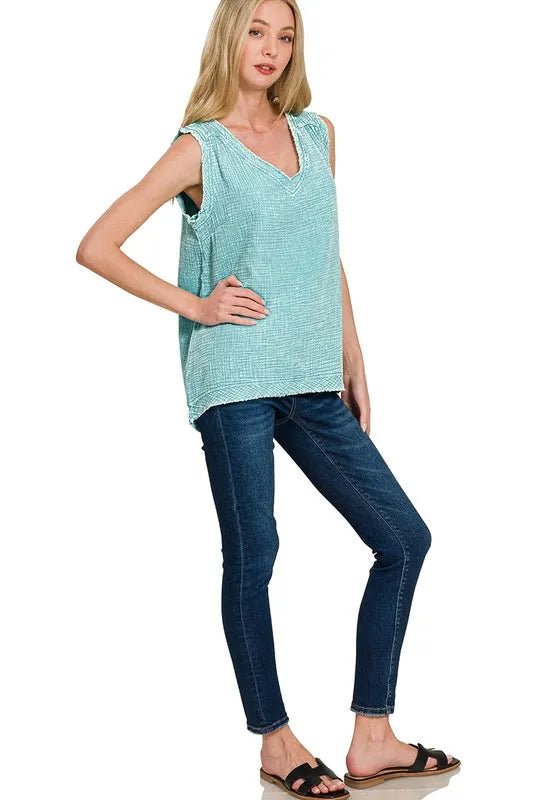 Zenana - Frayed V - Neck Sleeveless Top – Aqua Green
