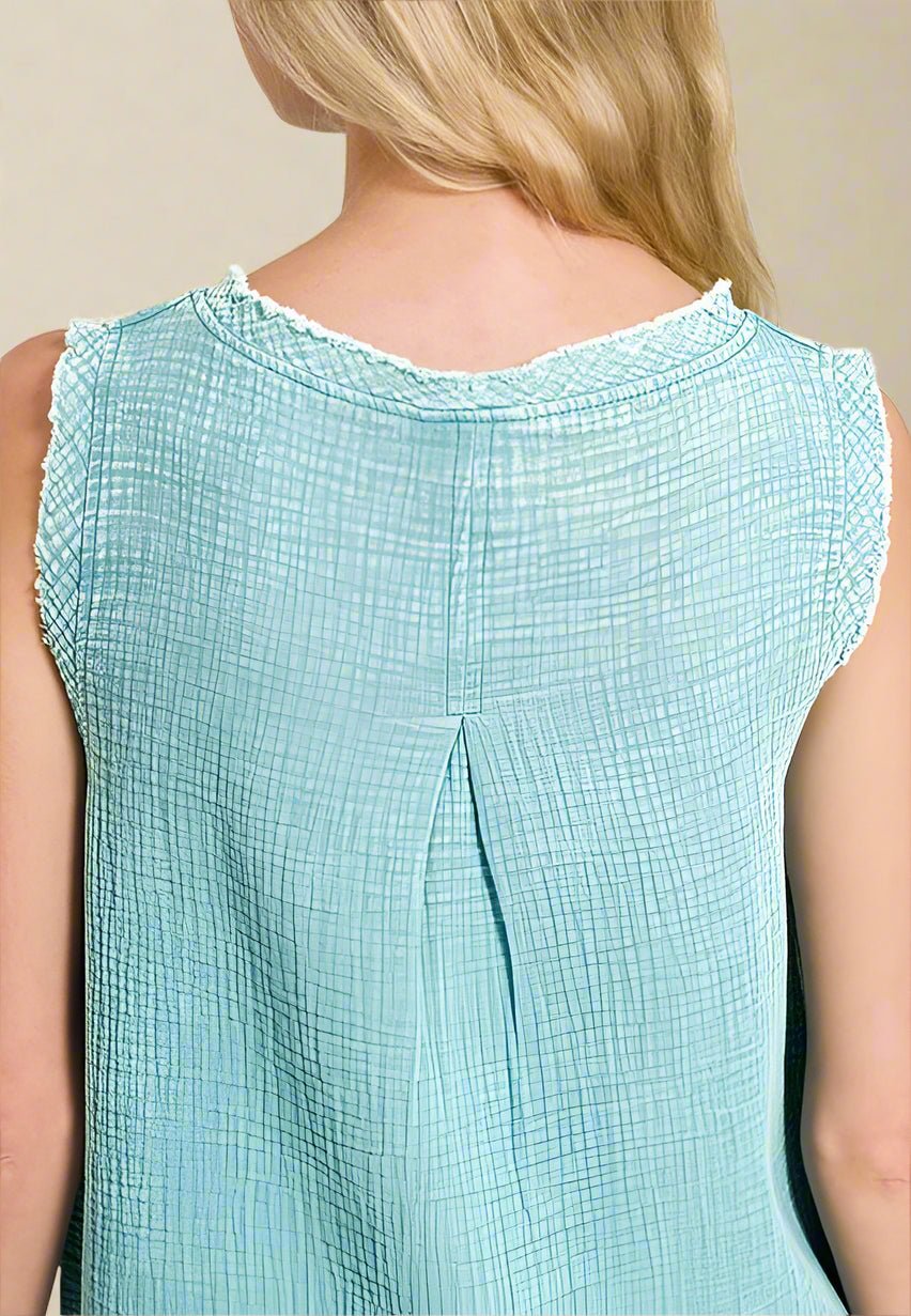 Zenana - Frayed V - Neck Sleeveless Top – Aqua Green