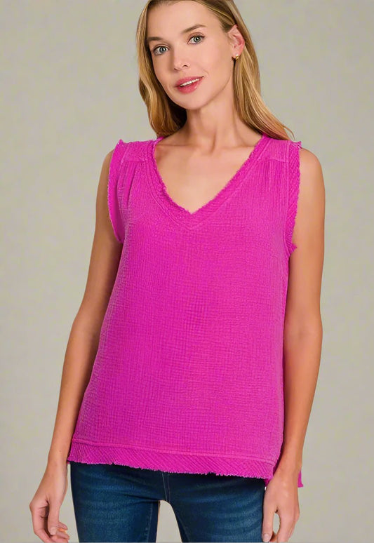 Zenana - Frayed V - Neck Sleeveless Top – Berry Fuchsia