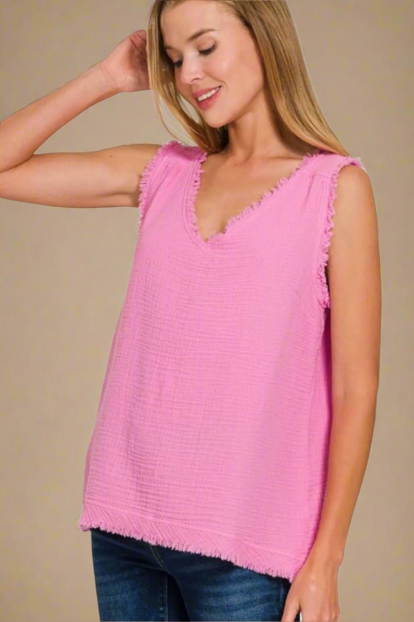 Zenana - Frayed V - Neck Sleeveless Top – Bright Pink