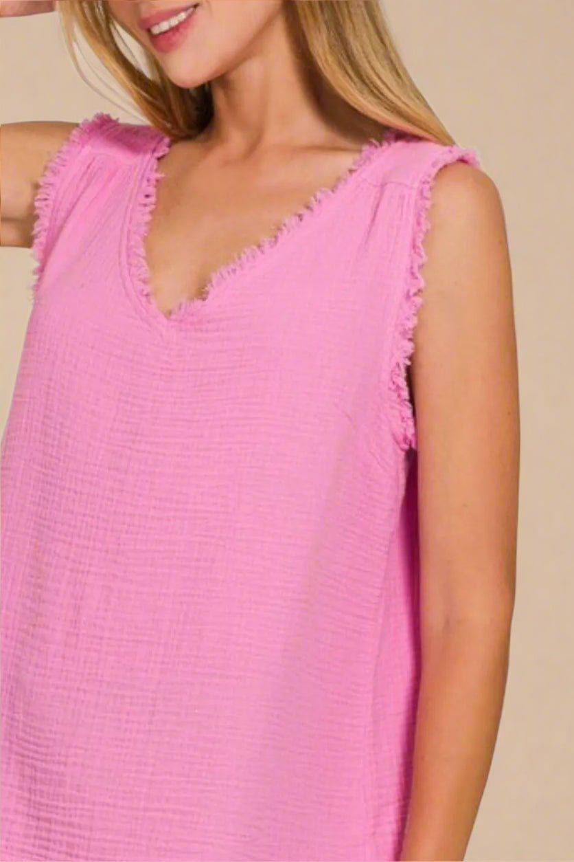 Zenana - Frayed V - Neck Sleeveless Top – Bright Pink