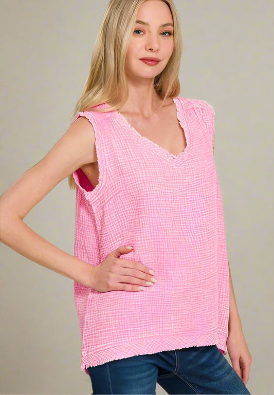 Zenana - Frayed V - Neck Sleeveless Top – Bright Pink